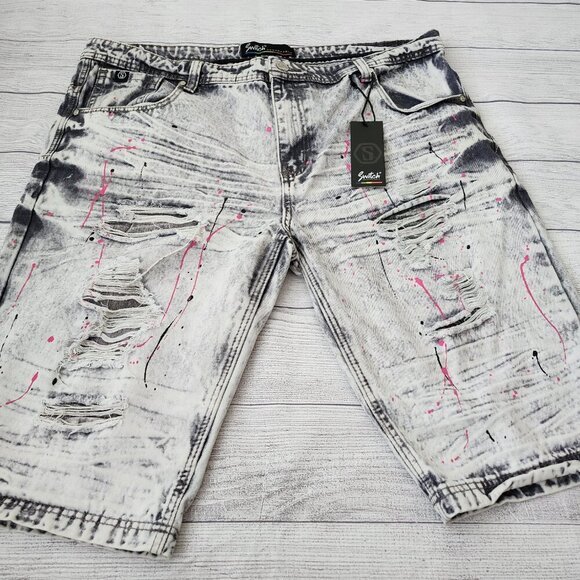 Men’s Distressed Gray Denim Shorts With Pink Paint Splatter Big and Tall - Picture 2 of 14